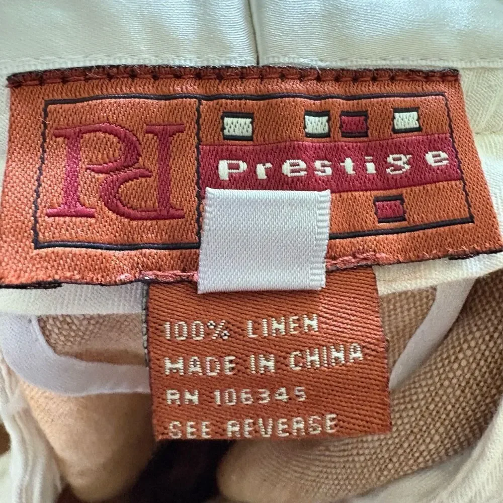 PJ Prestige Trousers Mens Size 38 Tan Pleated Linen Belt Loops Lightweight